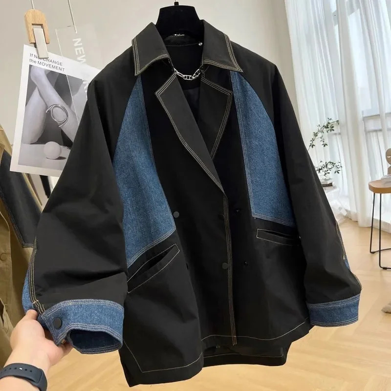 Heavy duty denim patch workwear jacket casual womens 2023 spring and autumn season thin medium long trench n sense niche 241211