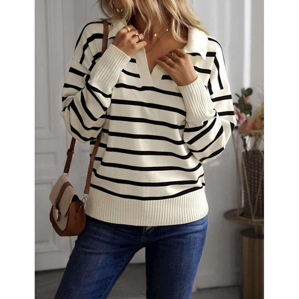 Foreign Trade Autumn Clothing European And American Polo Collar Striped Pullover Women's Knitted Sweater Fashionable Quality Classic