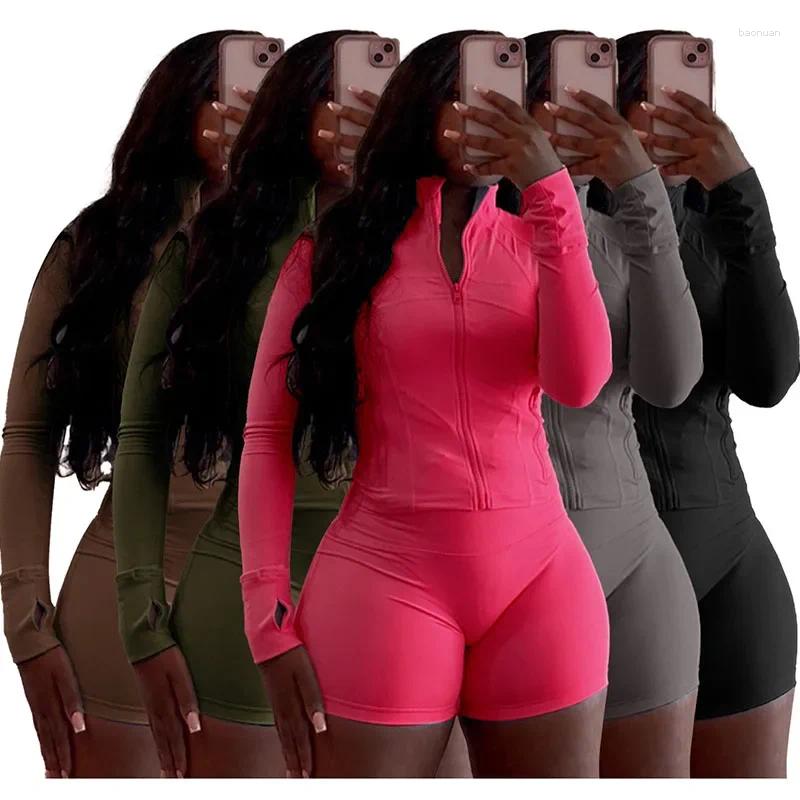 Women's Tracksuits Solid Casual Tracksuit Women 2 Piece Set Outfit Sportwear Fitness Zipper Jacket Top And Short Sets Womens Matching