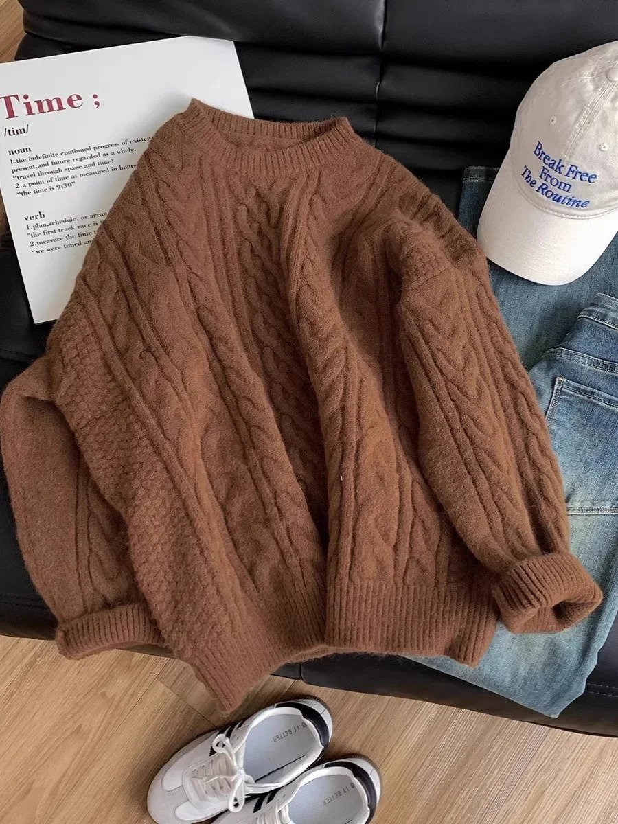 White round neck cable knit flower raccoon fur sweater womens autumn and winter coat retro Japanese loose casual style 241211
