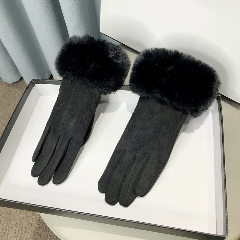 Womens winter suede warm touch screen plain weave gloves are fashionable and elegant Fur wrists soft driven Thin wool windproof 241212