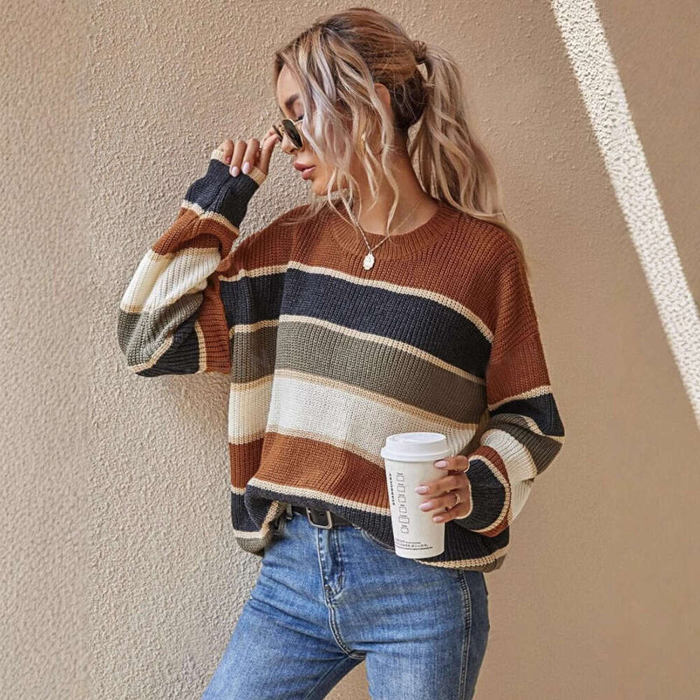 European American Foreign Trade And Winter Round Neck Sweater Women's Lazy Loose Classic Striped Long Sleeved Clothes Autumn Women