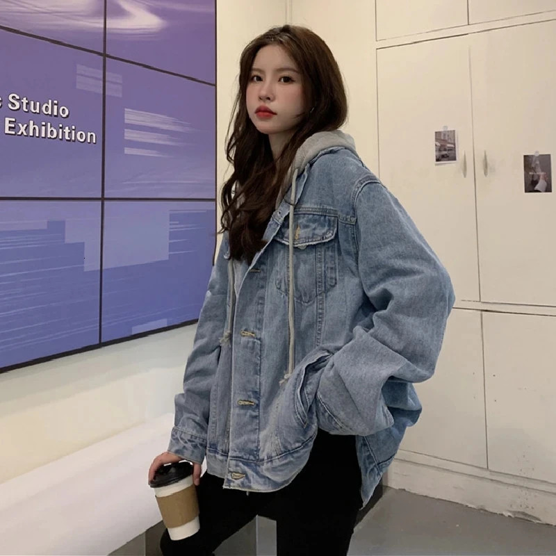 2025 Hooded Denim Jacket Womens Full Sleeve Splicing Loose Jeans 241211