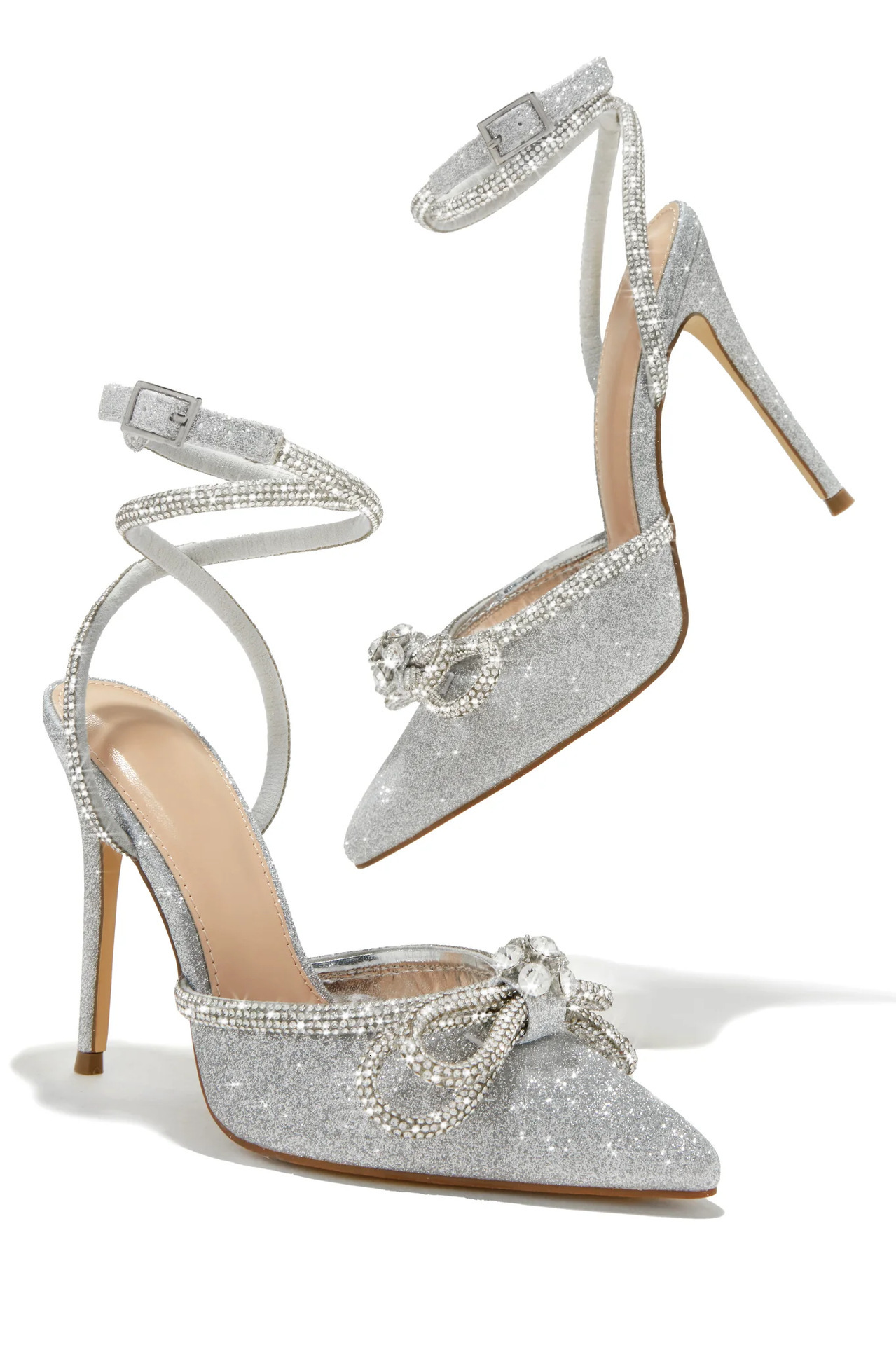 New Pointed And Shiny Rhinestone Bow With Thin Winding Straps, Party Banquet Women's High Heels, Single Shoes