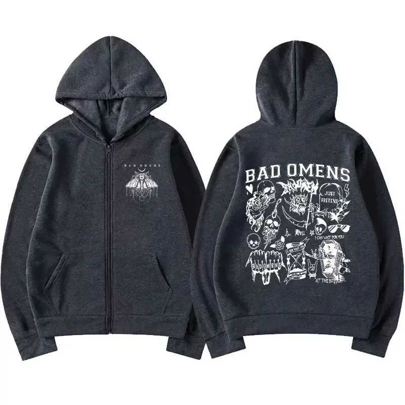 Limited edition Bad Omen Band Moth Music Tour Zipper Hoodie Mens Hip Hop Punk Strt Zipper Hoodie Fashion Zipper Jacket Y2K X241216