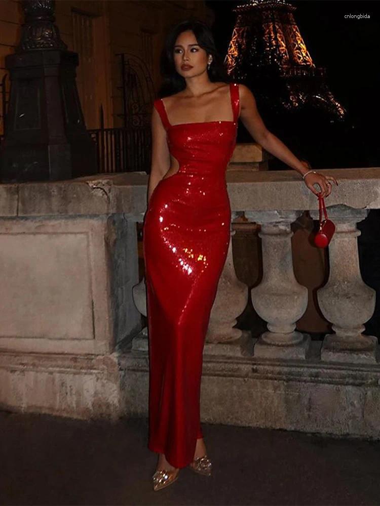 Casual Dresses Glitter Sequins Backless Long Dress Women High Waist Strap Cut Out Slim Sleeveless Bodycon Female Evening Party Robe