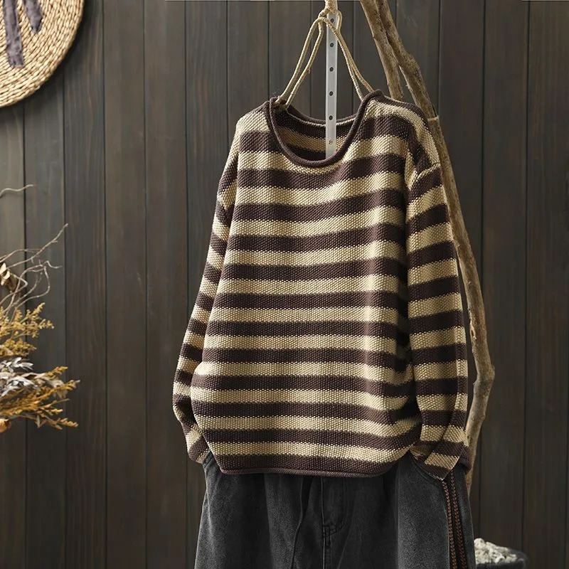 Korean Style Contrasting Color Stripes Ulzzang Loose 2024 Autumn Versatile Knitted Womens Casual Pullovers Top 241211