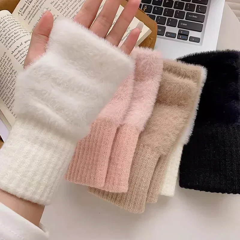 Mink wool soft winter half finger gloves for women warm and ious pure white plush knitted fingerless 241212