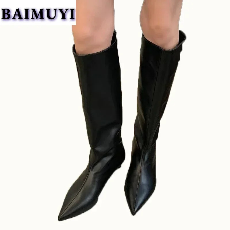 Women High Boots Pointed Toe Heels Shoes Winter Snow Woman 2024 Trend Soft Leather Goth Party Slip-On Botas Mujer