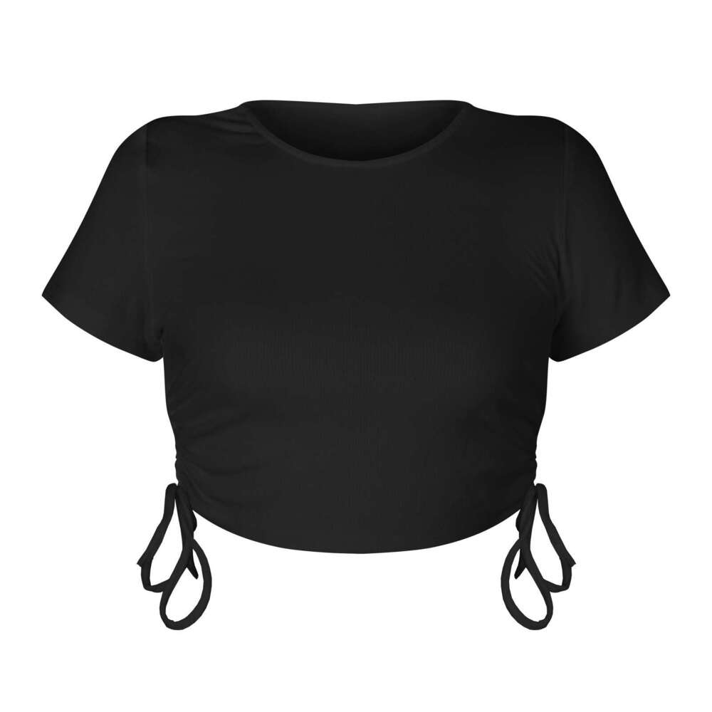 Fashionable Sexy Pit Stripe Exposed Navel Cut Drawstring Strap Round Neck Short Sleeved T-Shirt European And American Women's Top Fashionable Qua