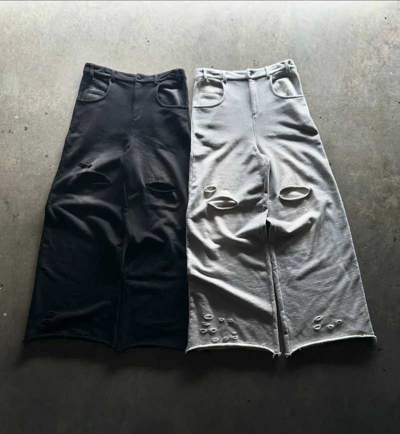 Y2k Streetwear men baggy pants Hip Hop high street fashion hole wide leg pants Punk Harajuku trend brand casual sweatpants X241216