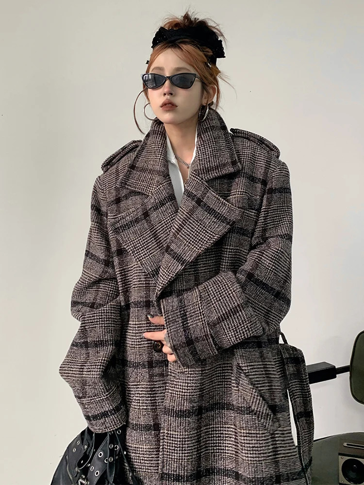 Yermora brown striped plain thick wool coat womens lapel long sleeved retro jacket fashion trend autumn 2024 item 241209