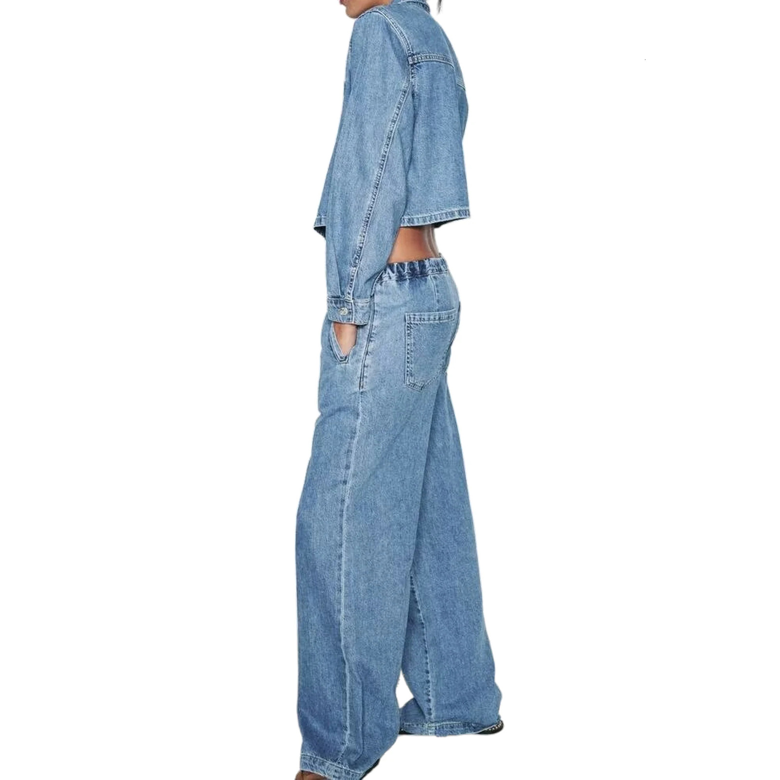 Womens Denim Short Single Breasted Top and High Waist Wide Leg Pant Suit Casual Jogging 241121