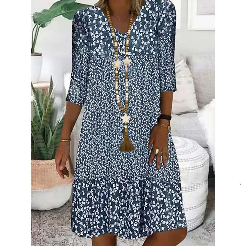 Summer Printed Mid Sleeve V-neck Medium Length Dress for Women 2024 New Casual Versatile Fashion Clothing