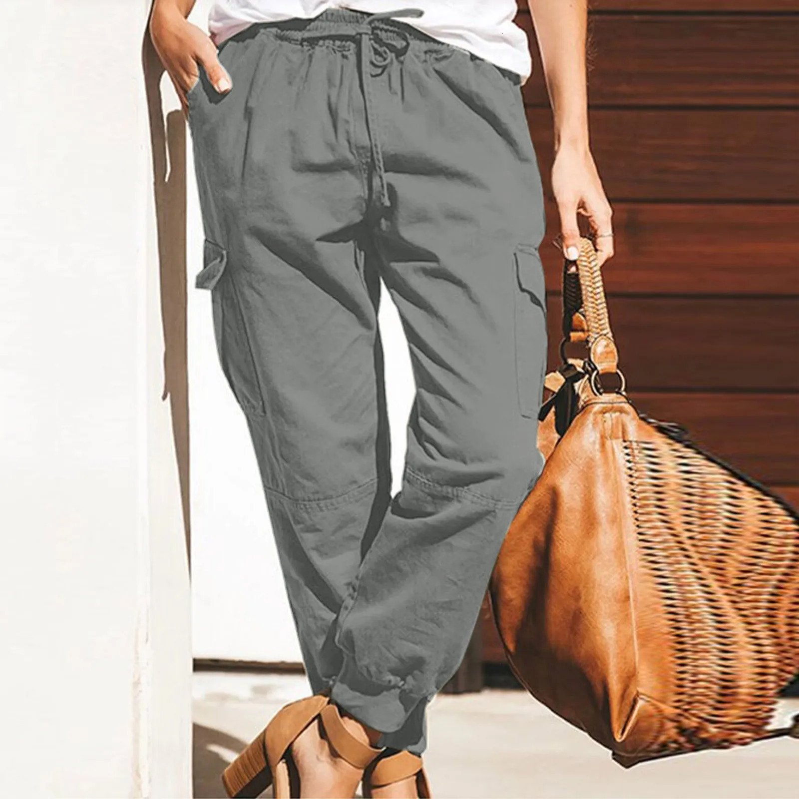 Womens retro casual pocket cargo pants fashionable solid color loose 241212