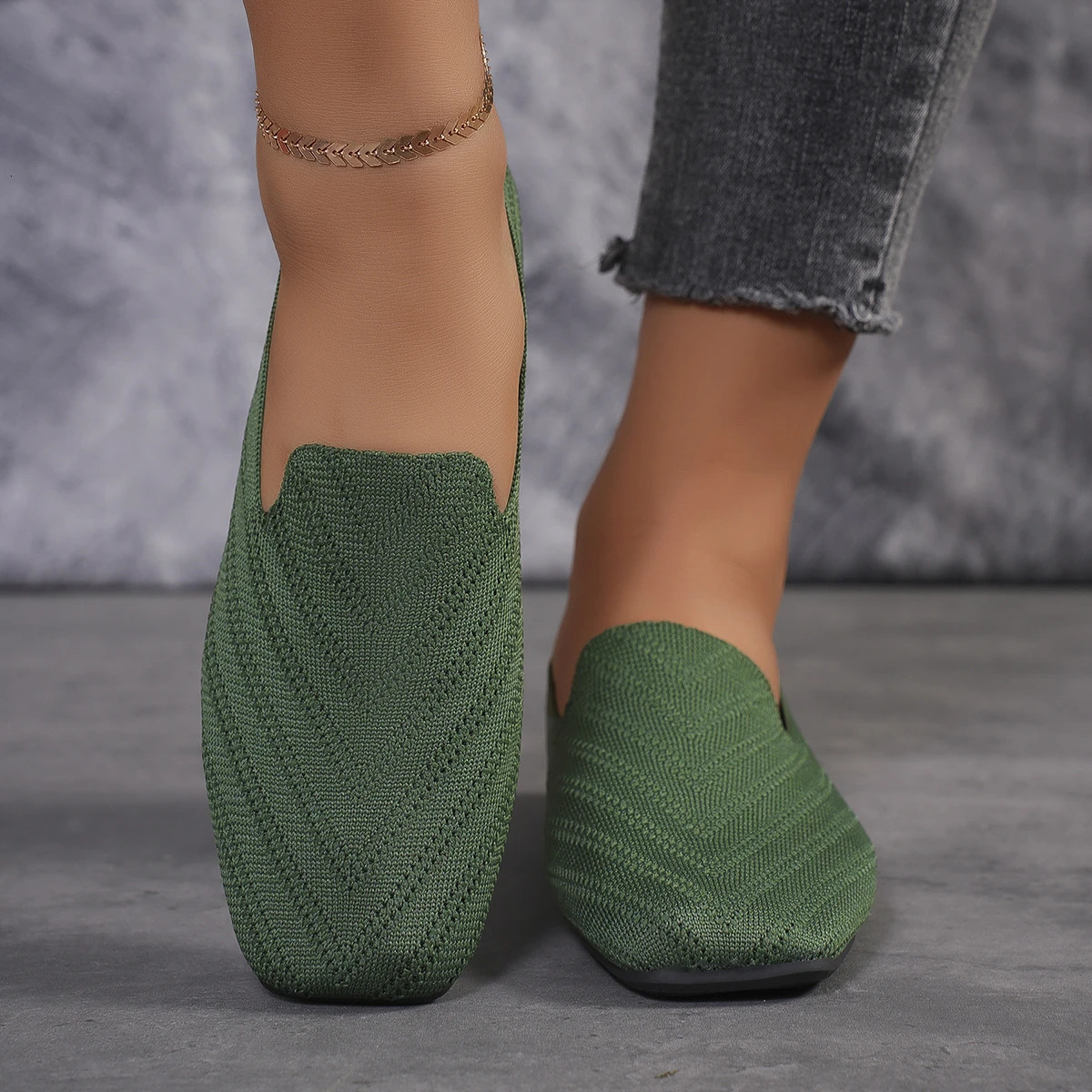 Women Flats Shoes Pointed Toe Solid Knitted Slip on Loafers Spring Casual Breathable Ballet Sneakers Mesh Breathable Flats Shoes 241213