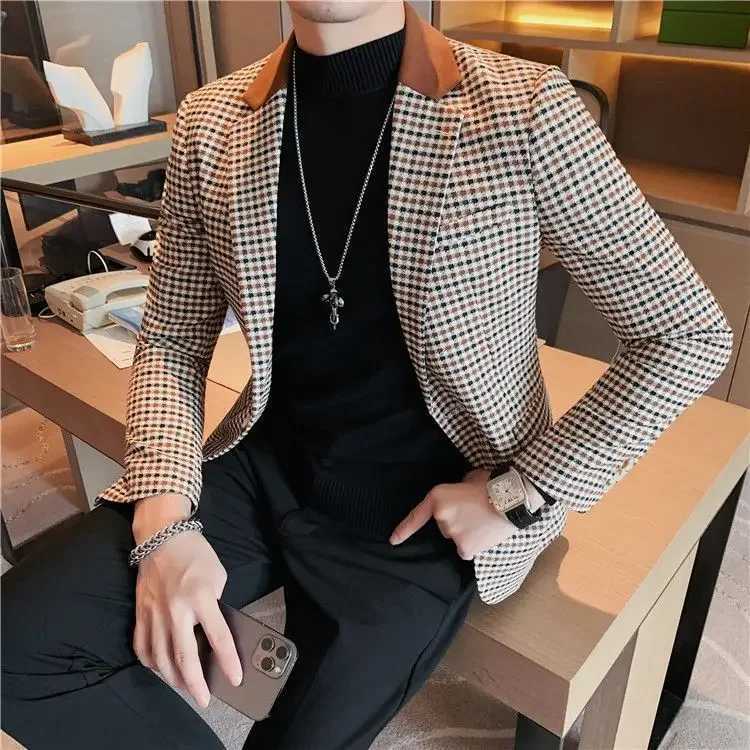 Coats Thin Slim Fit Man Business Suits and Blazers Plaid Spring Clothes Trendy 2024 Gentleman Casual New In Dress Jacket for Men W241216