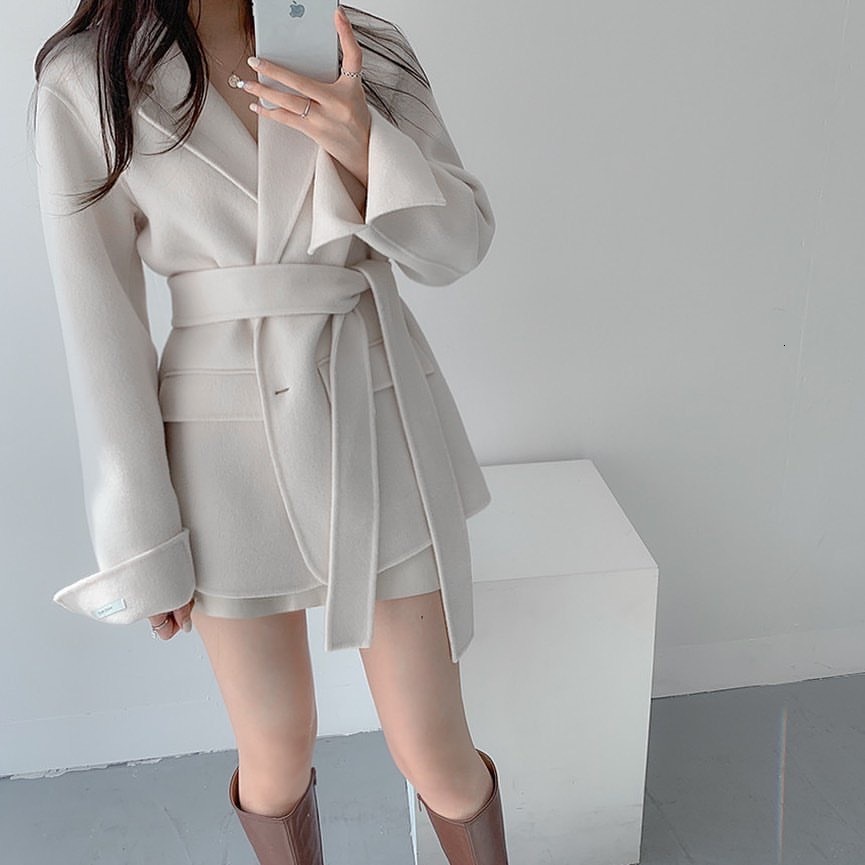 UCXQ Fashion Woolen Coat Korean Style Solid Color Cardigan Lace Up Waist Long Sleeve Elegant Jacket Women 2024 Autumn Winter 979