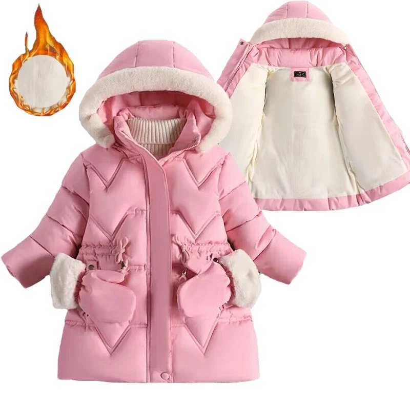2-8 Years Warm Winter Girls Jacket Fur Collar Removable Hat Plush Lining Heavy Hooded Kids Coat Children Outerwear Send GlovesXJ241214