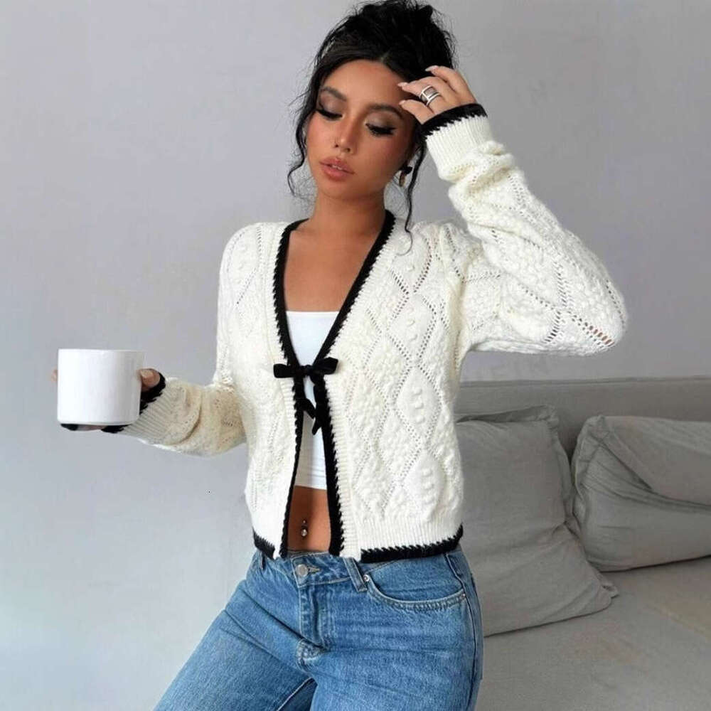 Autumn Women's Fashion Casual Bow White Cardigan Jacket Trend