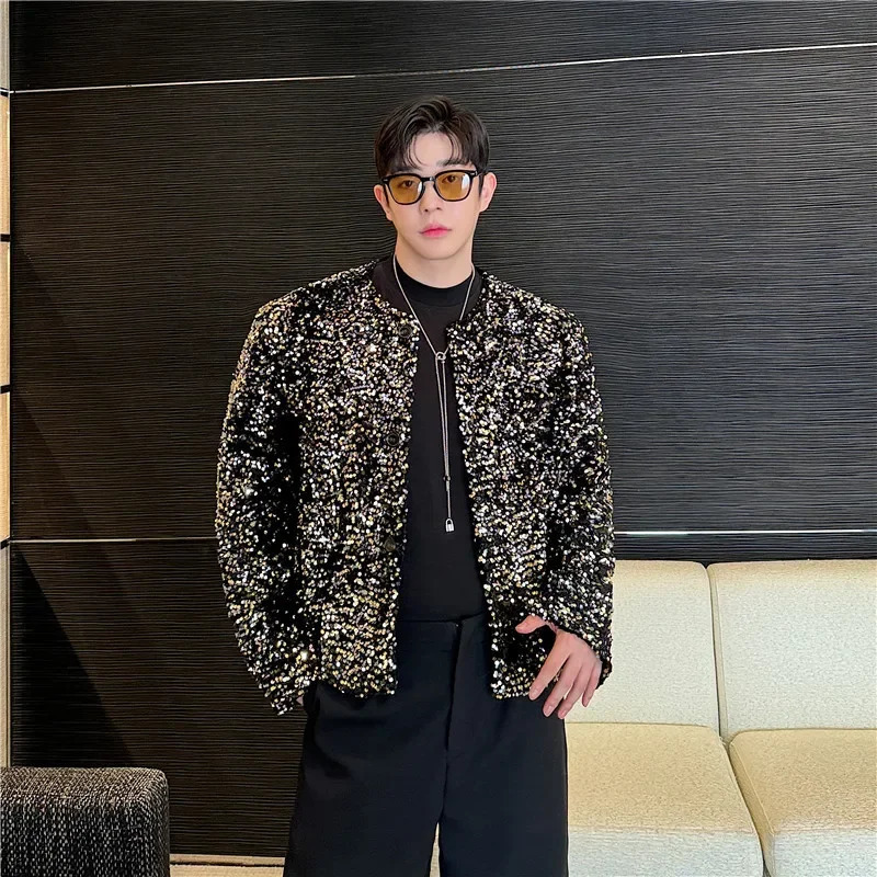 Fall Korean Style fashion short jacket sequin stage display collarless mens special edition 241209
