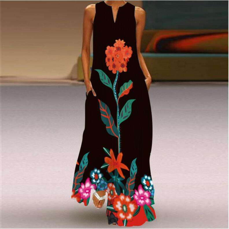 2021 summer sleeveless long skirt V-neck printed emerald wer dress European and American women's 2024 new casual versatile fashion clothing
