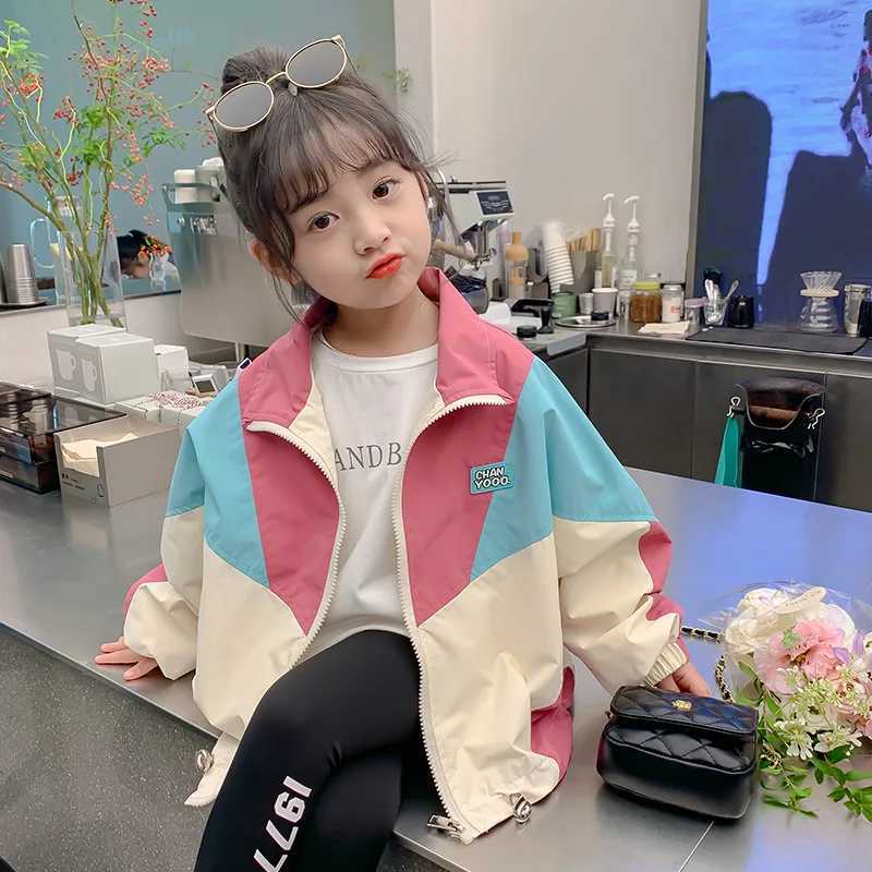 2-10 Years Spring Autumn Girls Coat Fashion Splicing Sle Flip Collar Zipper Sweatshirt For Kids Children Sport OuterwearXJ241214