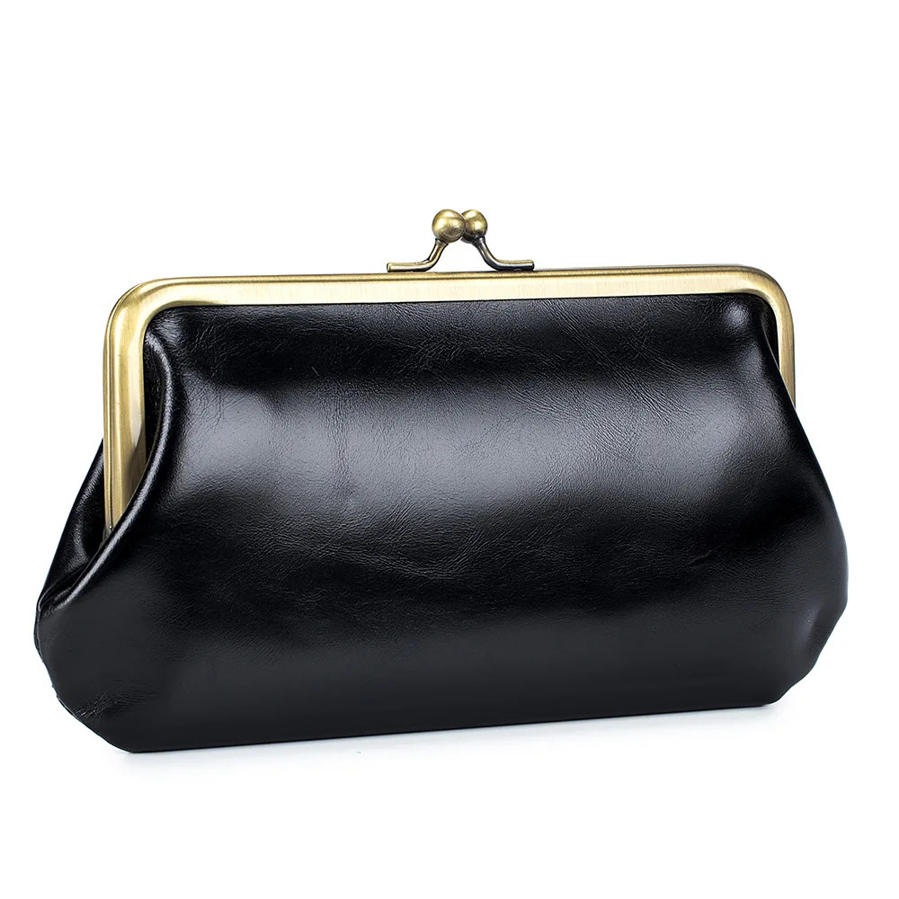 Kisslock womens wallet genuine leather womens wallet long clutch bag Laides long clip cow leather mobile phone wallet 241212