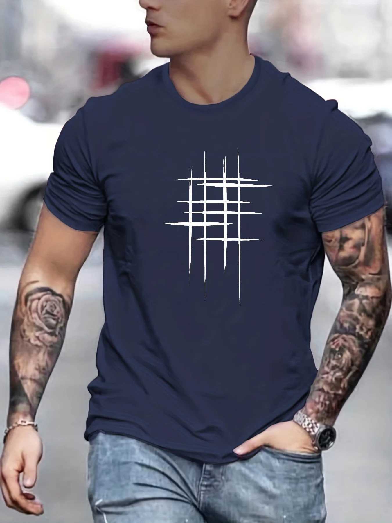 Summer Mens 00% Cotton Casual Loose Size Graphic Line Print Round Neck Short Sleeve T-shirt Top W250607