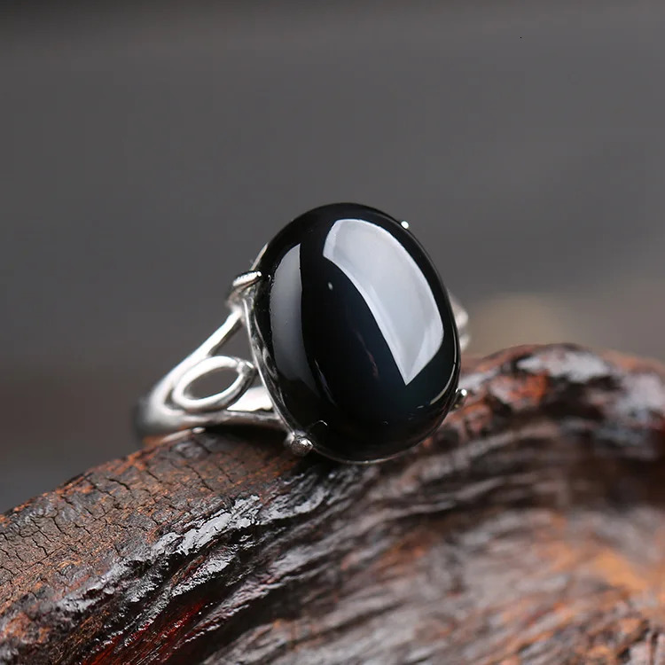 Natural Obsidian Ring For Men Women Silver Jewelry Fashion Opening Couple Korean Edition Rich Paired with Energy Gifts 241214