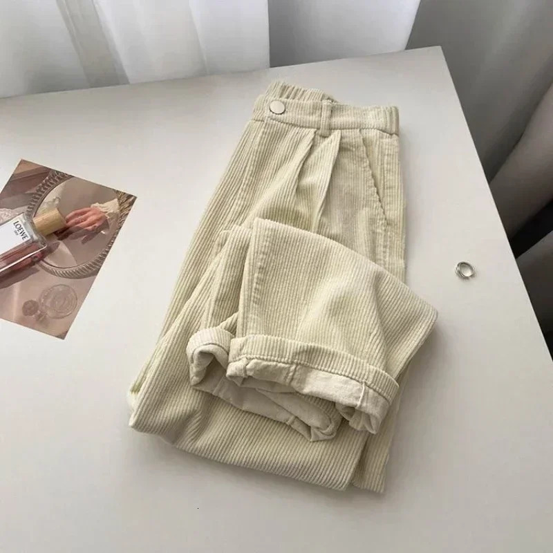 Retro High Waist Corduroy Pant Spring Fall Straight Causal Full Length Trousers Korean Fashion Baggy All Match Black Pants 241212