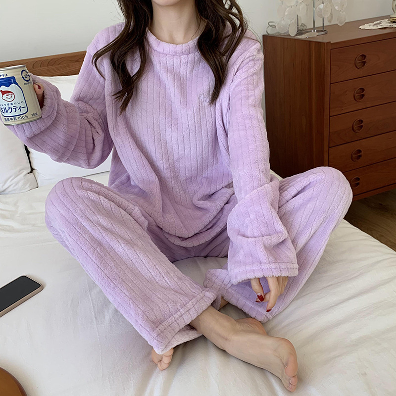 B588-Autumn and winter coral fleece pajamas women's long sleeve thickened home clothes crescent peach comfortable cotton velvet large size fashio