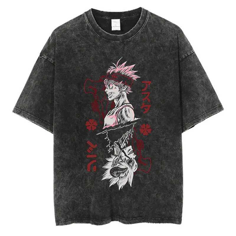 Anime Black Clover Print Vintage Washed Tshirt Harajuku Streetwear Graphic T-Shirt Summer Short Sleeve Cotton Hip Hop Tshirt W241216