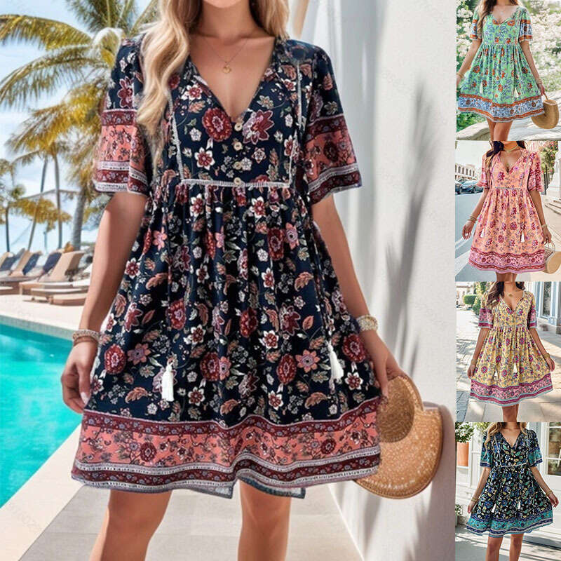 European and American women's Shein spring/summer leisure vacation printed short sleeved dress 2024 temperament versatile new trend clothing ins