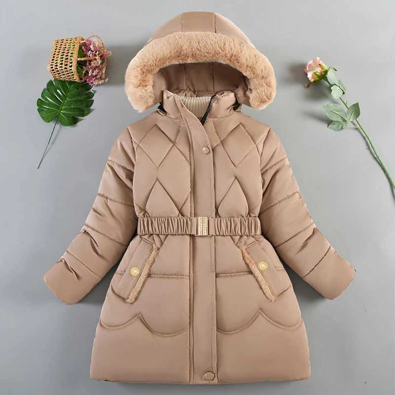 New Winter Keep Warm Girls Jacket Thick Solid Color Fur Collar Hooded Parkas Coat For 4-10 Years Kids Children Outdoor OuterwearXJ241214