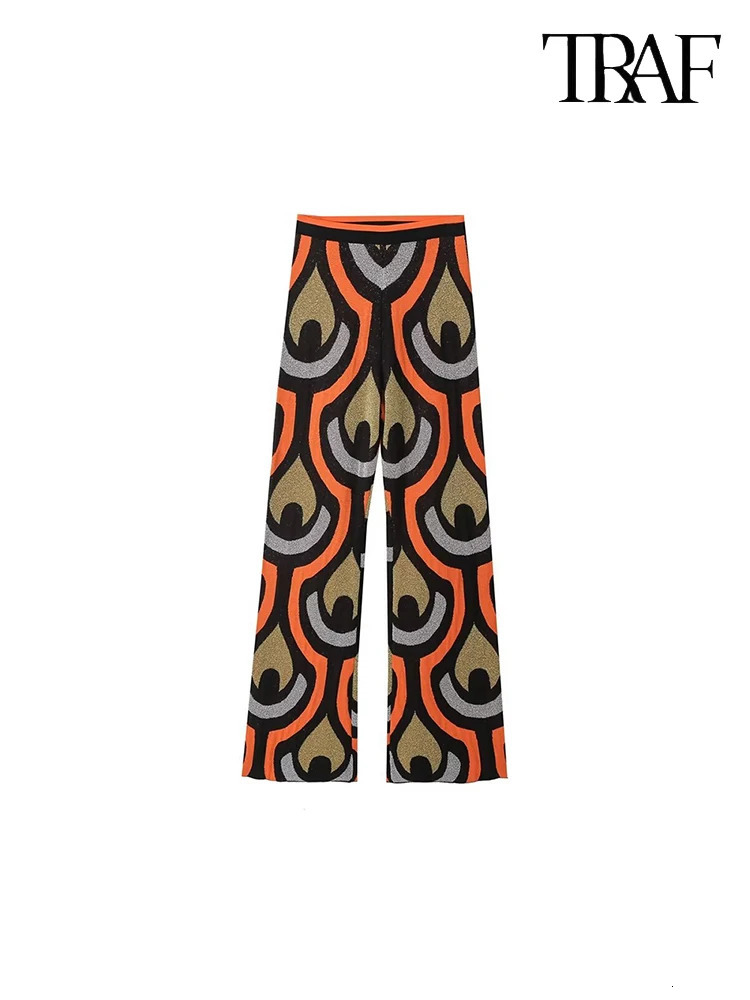 TRAF Womens Fashion Sleeveless Retro Printed Set Sexy High Slit Dress Straight Pants Two Piece Street Casual 241121