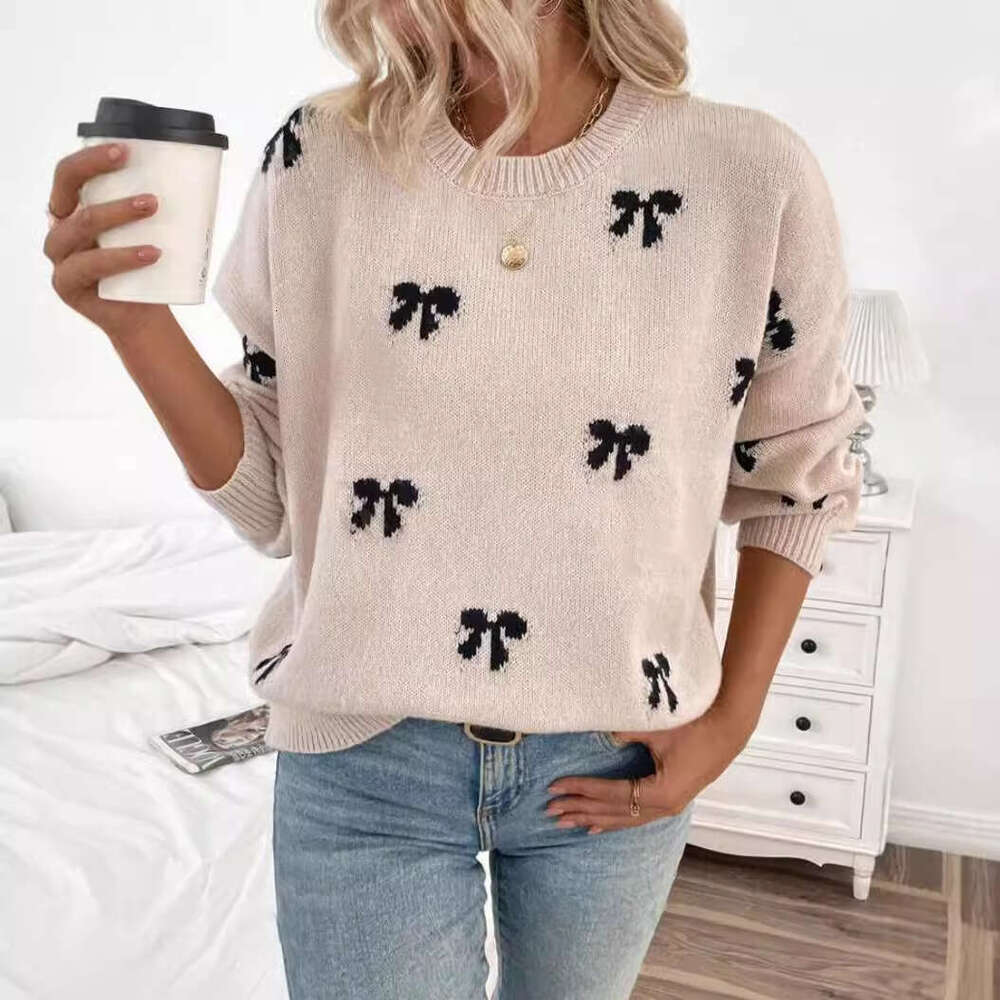 European And American Independent Station Bow Jacquard Clothes Autumn Simple Design Sense Women's Sweater