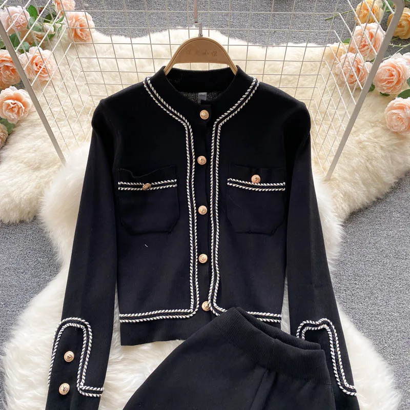 Autumn womens pants set sportswear solid color casual round neck knitted cardigan jacket high waist loose wide leg Trouser 2 pieces 241212