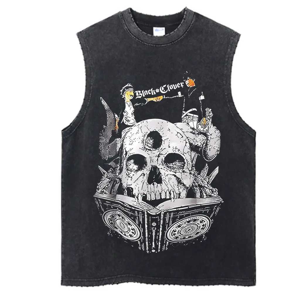 Anime Black Clover Print Vintage Washed Tshirt Harajuku Streetwear Graphic T-Shirt Summer Short Sleeve Cotton Hip Hop Tshirt W241216