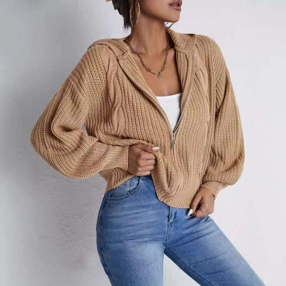 New European American Clothing For Foreign Trade, Women's Autumn And Winter Hooded Cardigan, Knitted Waffle Hoodie Top