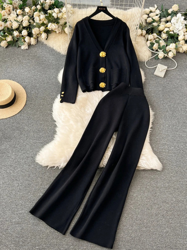XFPV Women Casual Long Sleeved Cardigan Sweater Wide Leg Pants Knitted Twopiece Set Y2k Korean Fashion Autumn SM11439 241121