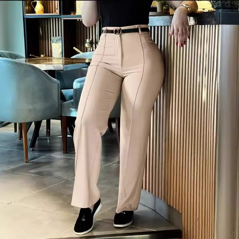 Womens elegant high waisted solid pants short sleeved autumn casual straight three person office womens black suit long 241212