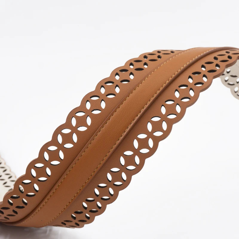 Bohemian style openwork waist seal ethnic style genuine leather wide silver buckle belt womens laser cut pattern 241216