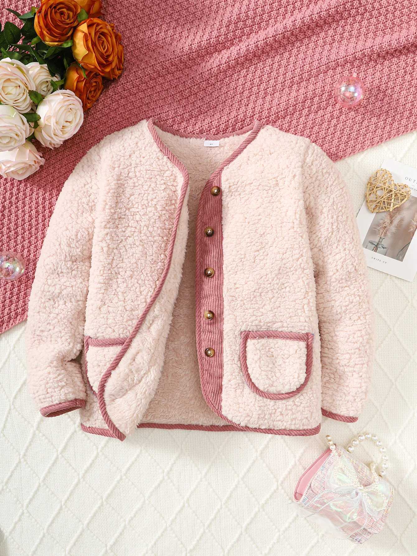 Girls Spring and Autumn Pink Plush Button Coat with Pockets Suitable for 8-14Y ChildrenXJ241214