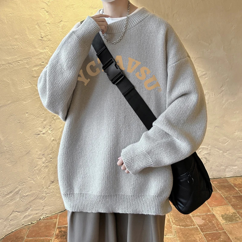 Men's Cozy Japanese Style Letter Knit Sweater - Long Sleeve Pullover For Autumn & Winter