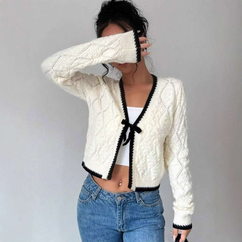 Autumn Women's Fashion Casual Bow White Cardigan Jacket Trend