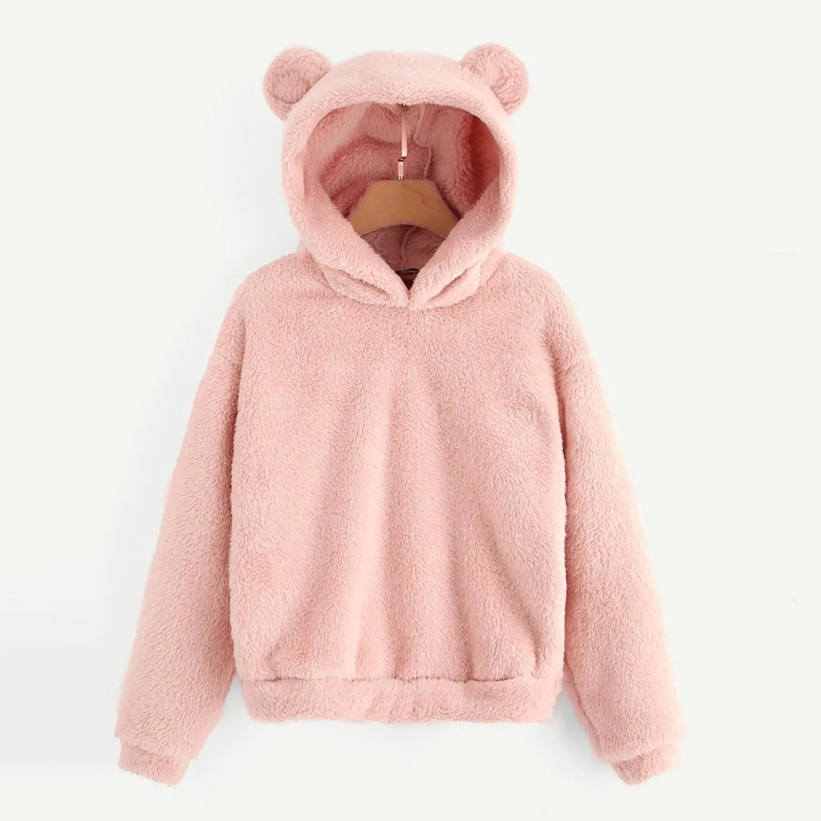 Womens Pullover Long Sleeve Fleece Sweatshirt Warm Bear Shape Fuzzy Hoodie Sweater Pullover 241214