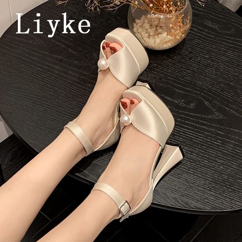 Liyke Sexy 135CM Super High Heels Platform Sandal Summer Fashion White Pearl Peep Toe Wedding Banquet Shoe Zapatos Mujer 241213