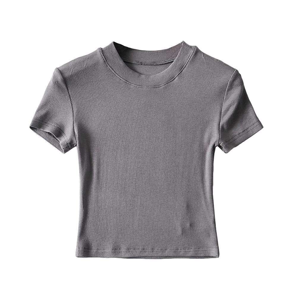 European and American summer 8-color small round neck tight fitting high waist exposed navel sleeved T-shirt for women, short style slimming sports to