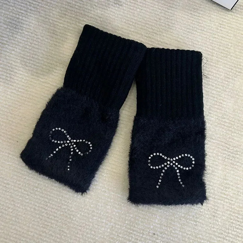 South Korean Bow Knitted Fur Gloves Sweet Y2K Winter Thick Cute Half Finger Lolita JK Accessories 241212